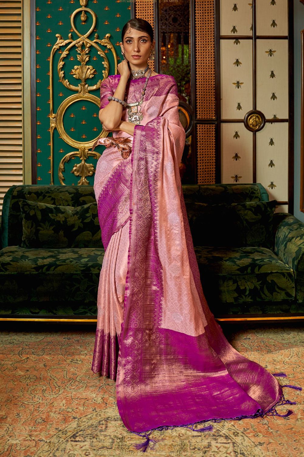 Rose Pink Woven Silk Party Wear Saree