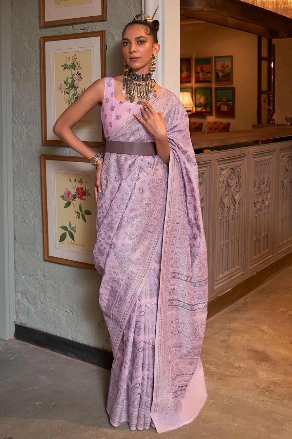 Lilac Pink Kashmiri Modal Handloom Weaving Saree for Party