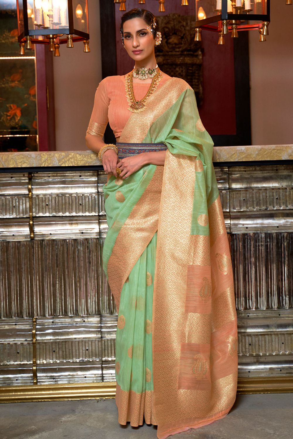 Mint Green Pure Linen Weaving Party Wear Saree