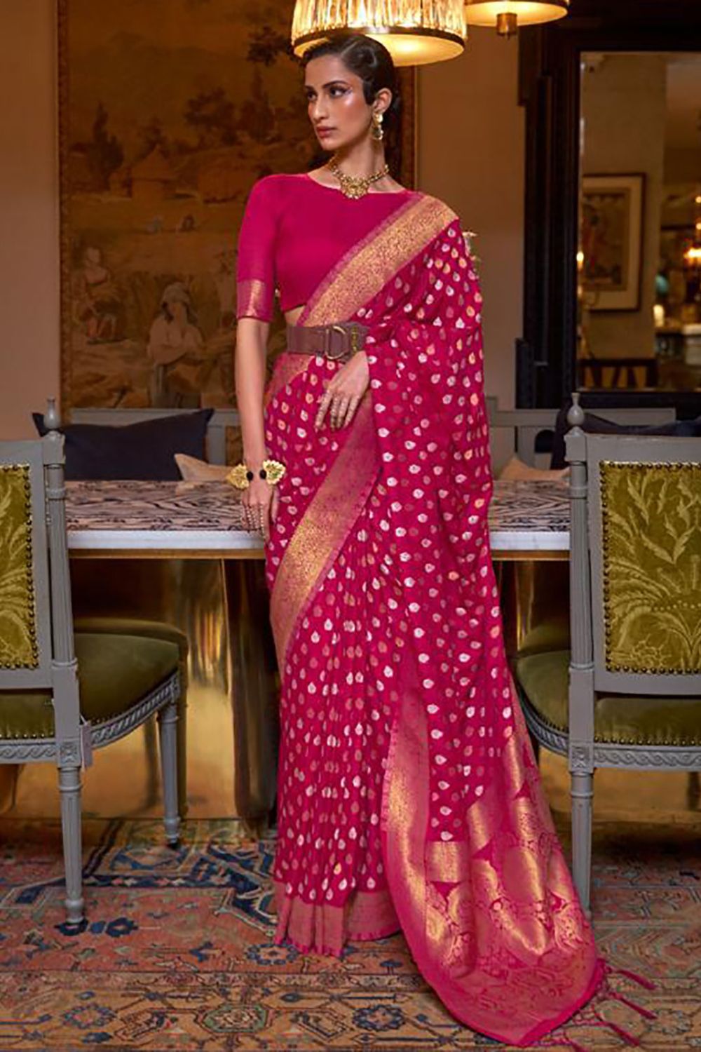 Raspberry Pink Woven Hand Spun Party Wear Saree