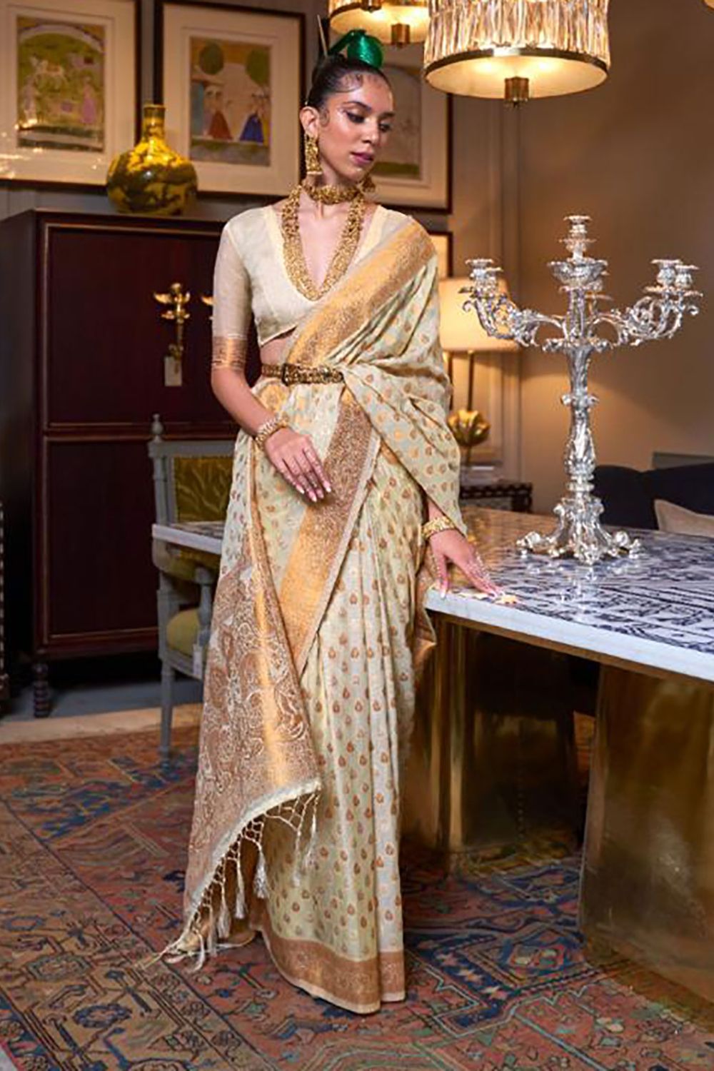 White Woven Hand Spun Party Wear Saree