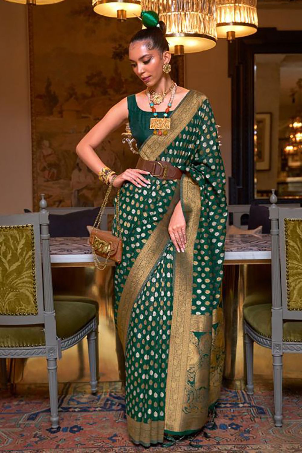 Bottle Green Woven Hand Spun Party Wear Saree