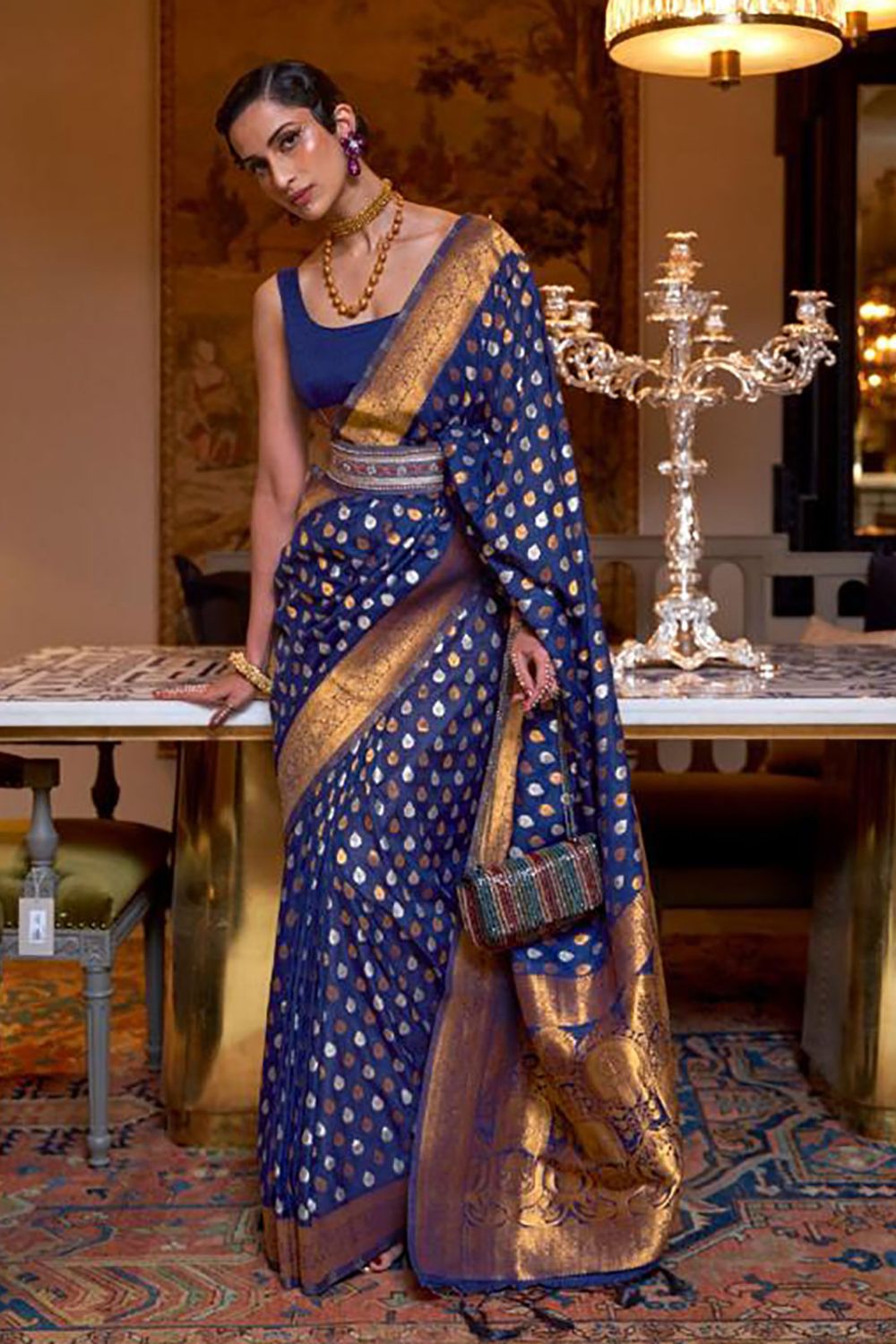 Navy Blue Woven Hand Spun Party Wear Saree