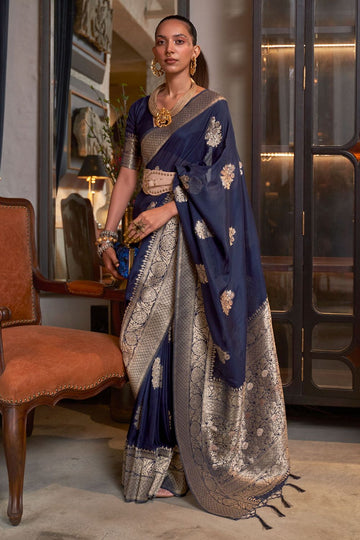 Midnight Blue Handloom Weaving Faux Georgette Party Wear Saree