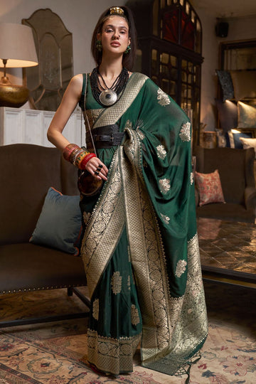 Pine Green Handloom Weaving Faux Georgette Party Wear Saree