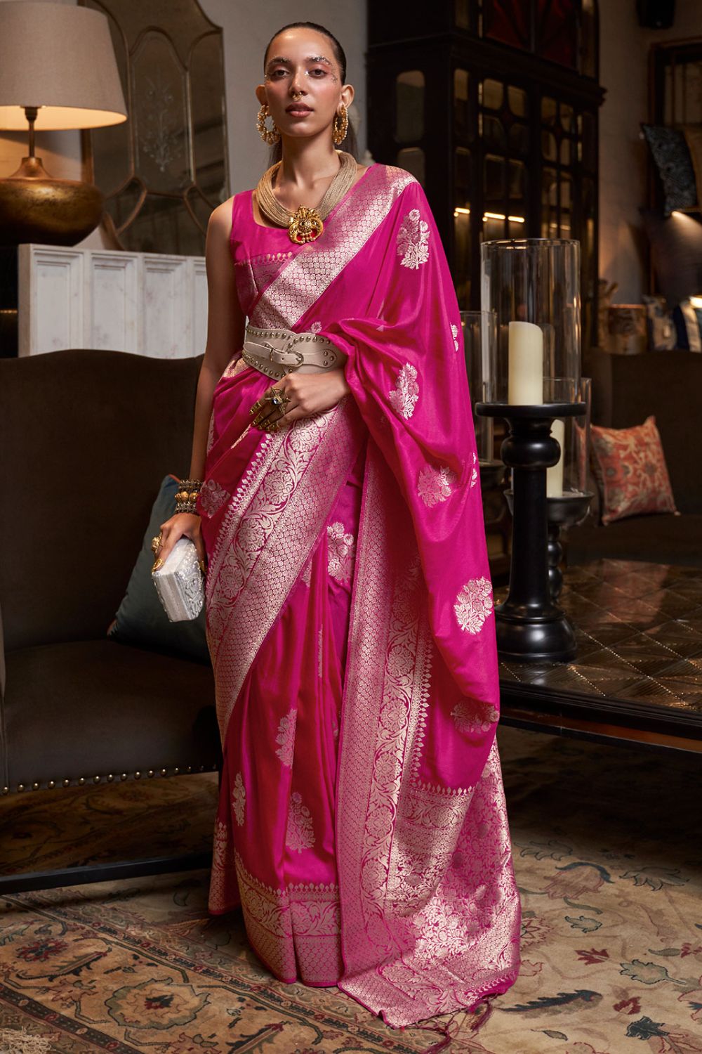 Rani Pink Handloom Weaving Faux Georgette Party Wear Saree