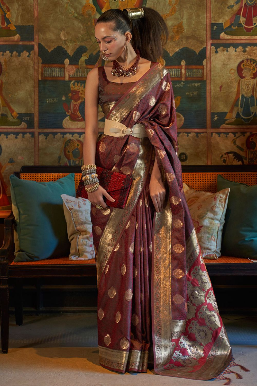 Garnet Woven Pure Satin Tanchoi Saree for Festival