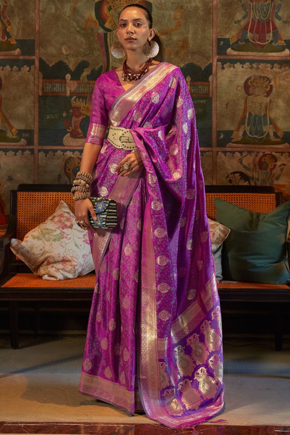 Magenta Woven Pure Satin Tanchoi Saree for Festival