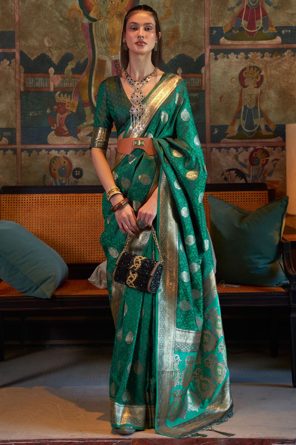 Rama Green Woven Pure Satin Tanchoi Saree for Festival