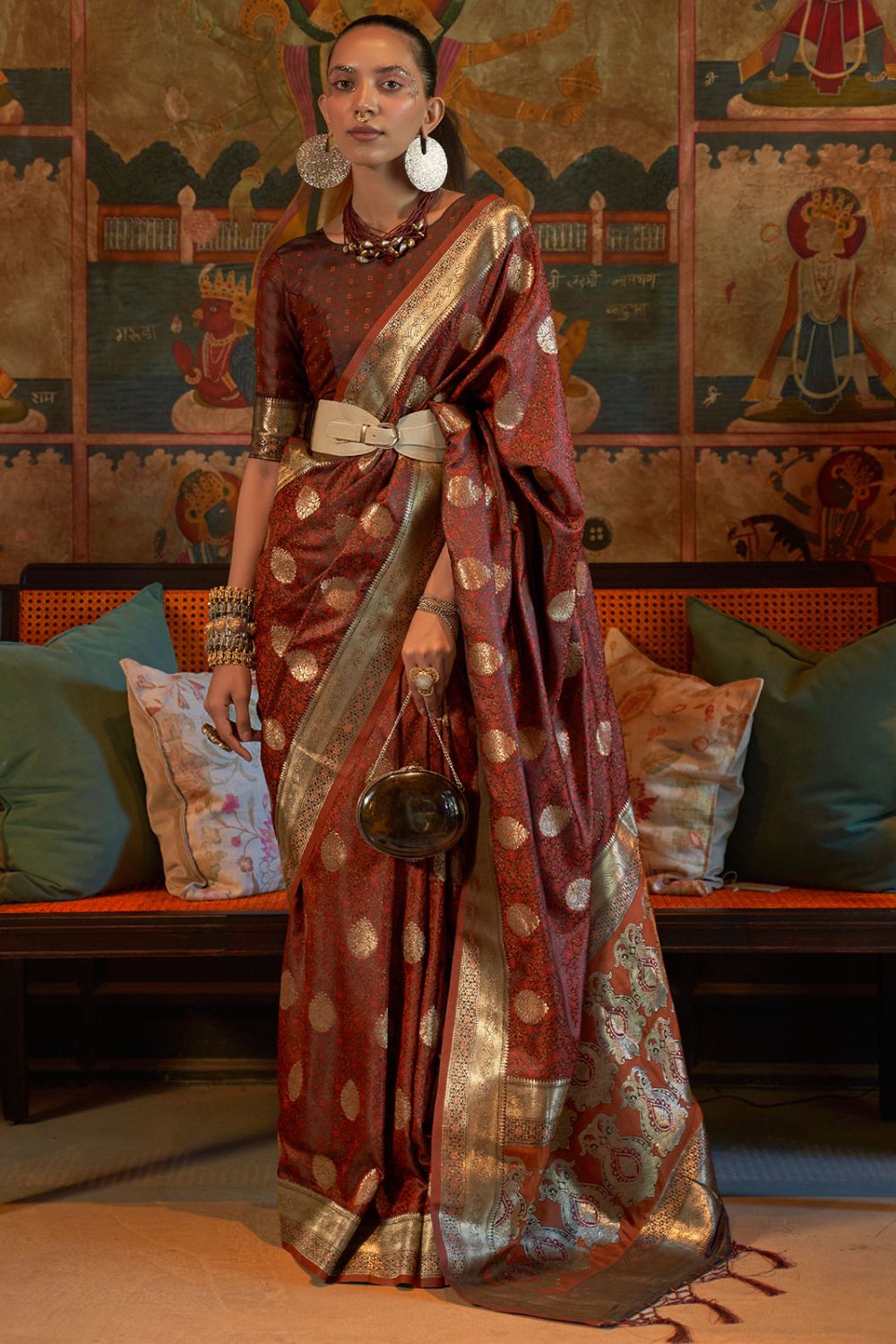 Brown Woven Pure Satin Tanchoi Saree for Festival