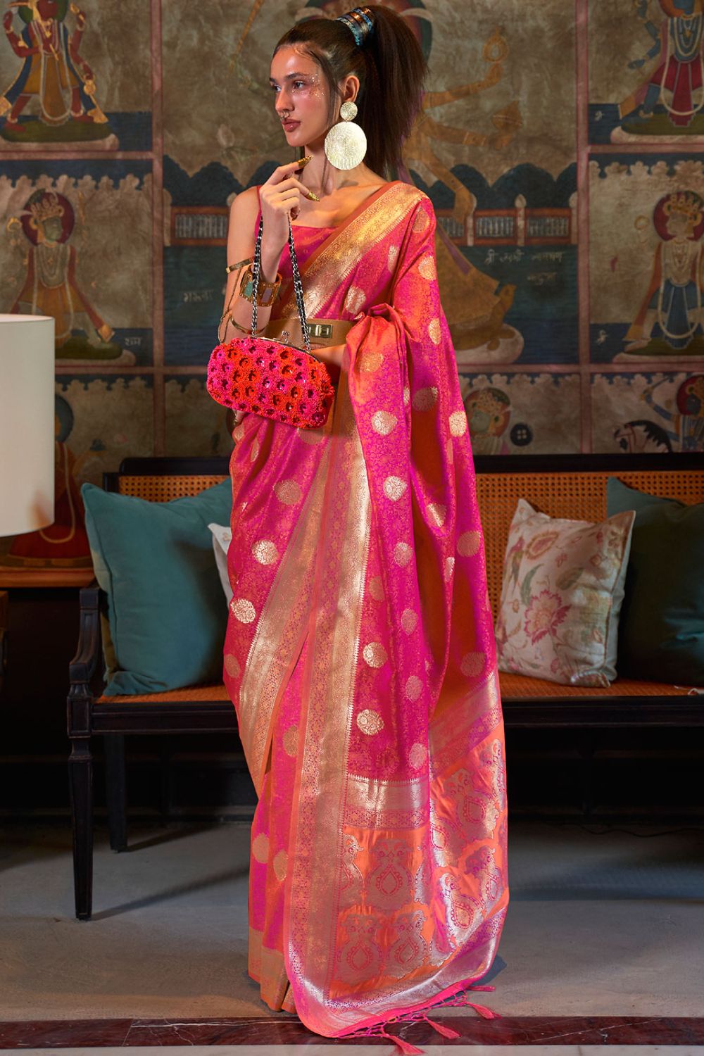 Rani Pink Woven Pure Satin Tanchoi Saree for Festival