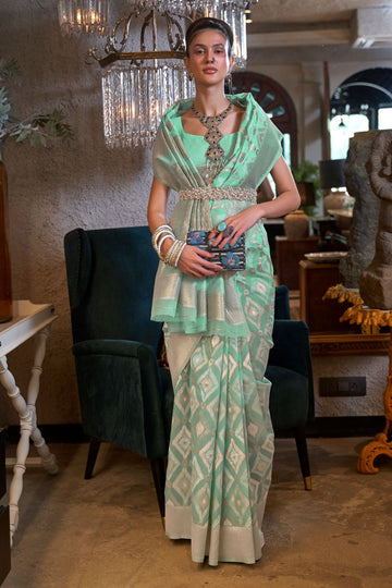 Mint Green Pure Linen Woven Saree for Ceremonial