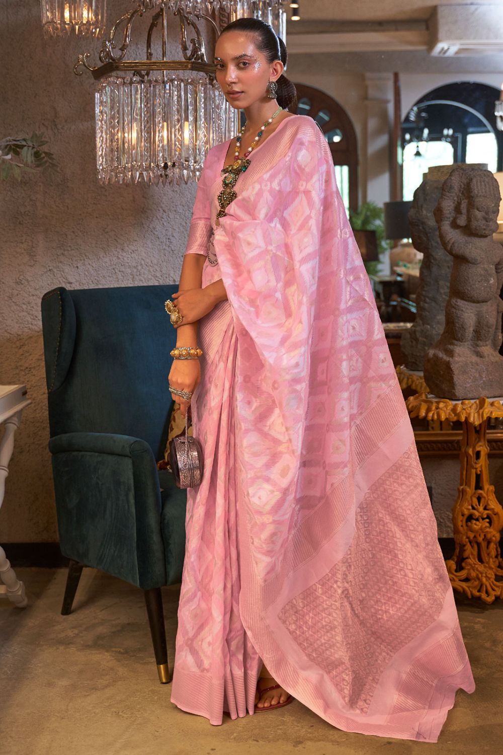 Pink Pure Linen Woven Saree for Ceremonial