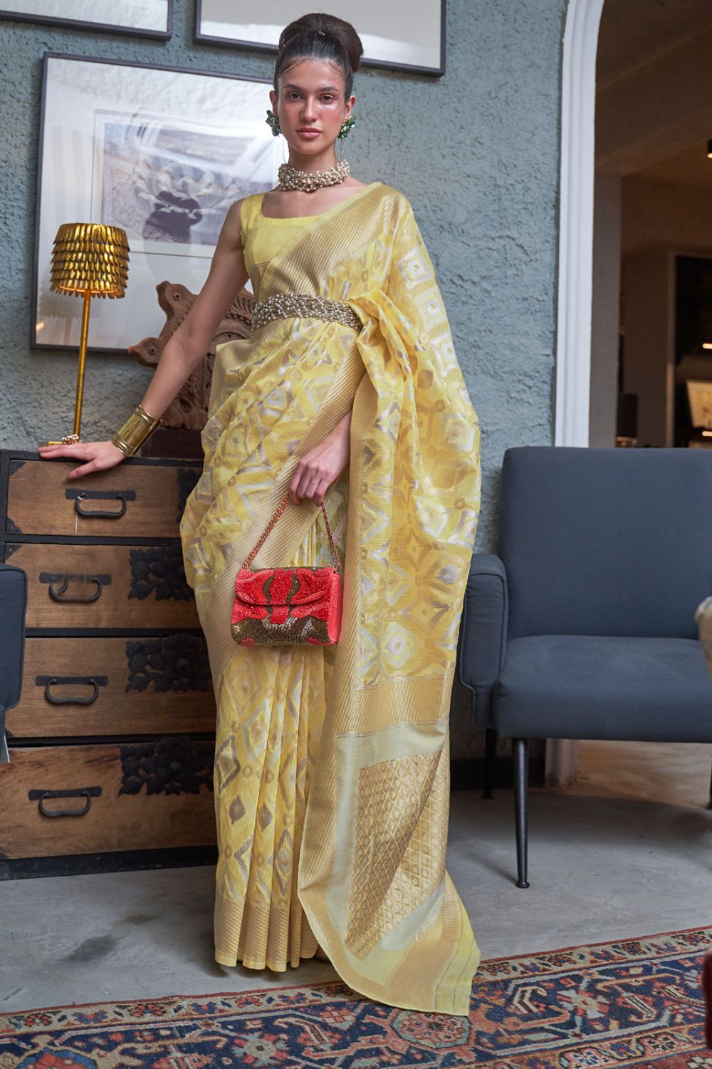 Yellow Pure Linen Woven Saree for Ceremonial