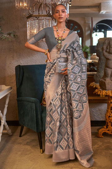 Grey Pure Linen Woven Saree for Ceremonial