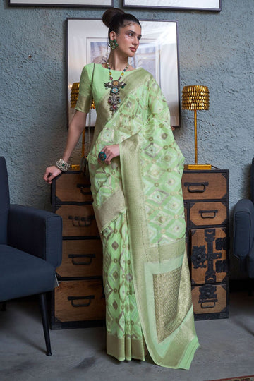 Pista Green Pure Linen Woven Saree for Ceremonial