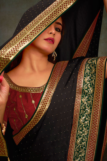 Black Designer Satin Saree for Wedding