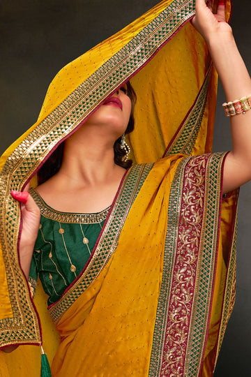 Mustard Designer Satin Saree for Ceremonial