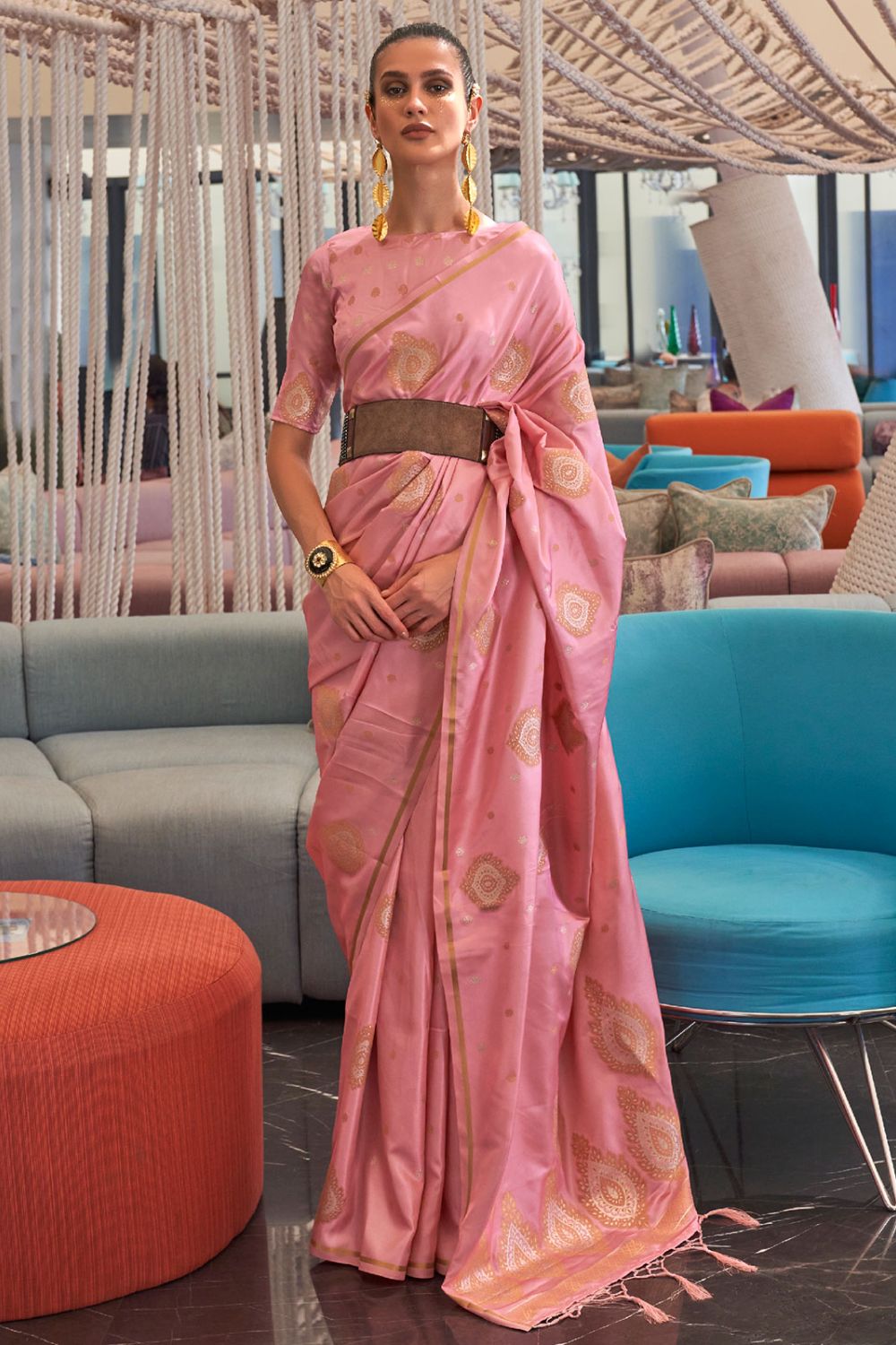 Carnation Pink Zari Weaving Silk Saree for Party