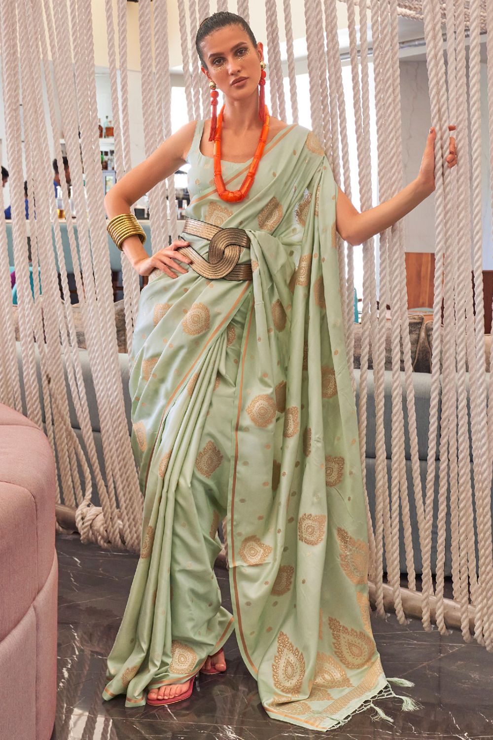 Ice Mint Zari Weaving Silk Saree for Party