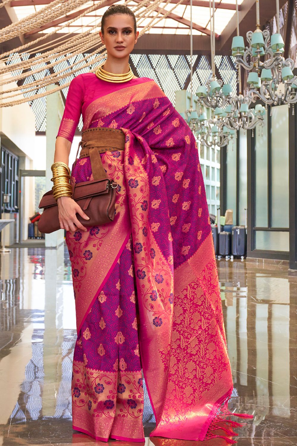 Rani Pink Handloom Weaving Silk Saree for Festival