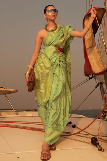 Pistachio Green Woven Satin Nylon Party Wear Saree