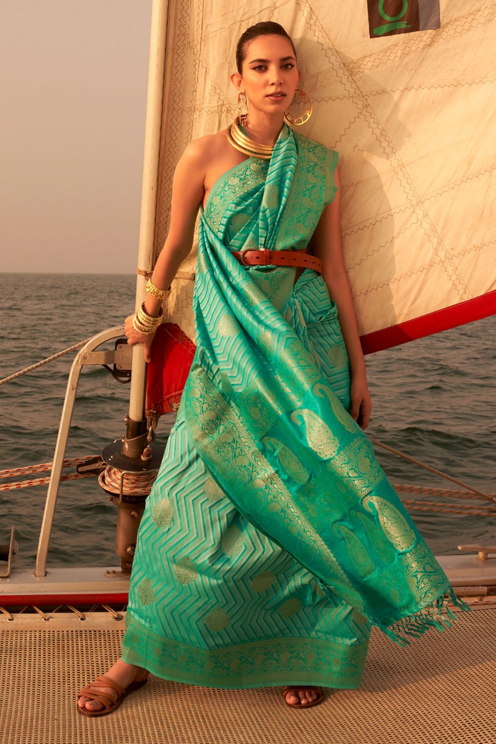 Sea Green Woven Satin Nylon Party Wear Saree