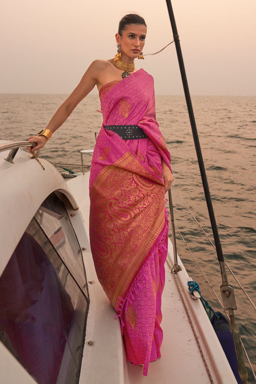 Rani Pink Handloom Woven Satin Saree for Party