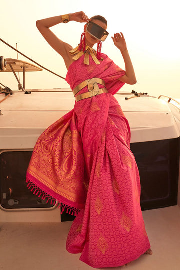 Hot Pink Handloom Woven Satin Saree for Party