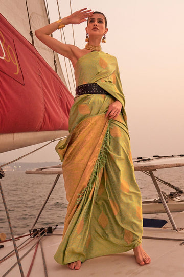 Pistachio Green Handloom Woven Satin Saree for Party