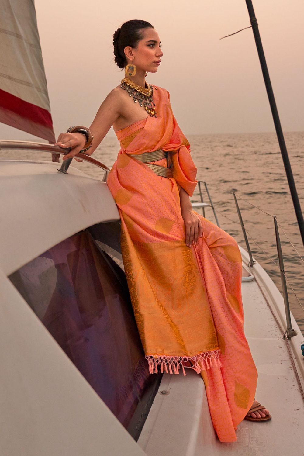 Coral Pink Handloom Woven Satin Saree for Party