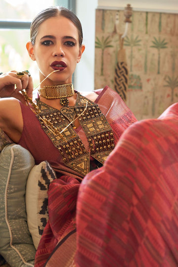 Kalki Koechlin Carrot Pink Handloom Organza Party Wear Saree