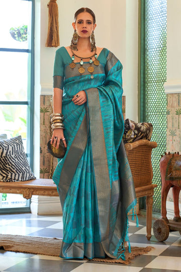 Kalki Koechlin Azure Blue Handloom Organza Party Wear Saree