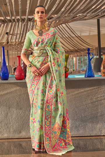 Pistachio Green Kashmiri Modal Handloom Weaving Party Wear Saree