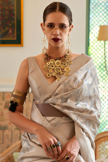 Kalki Koechlin Ash Grey Tissue Handloom Saree for Festival