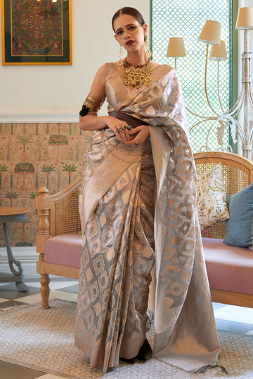 Kalki Koechlin Smoke Grey Tissue Handloom Saree for Festival