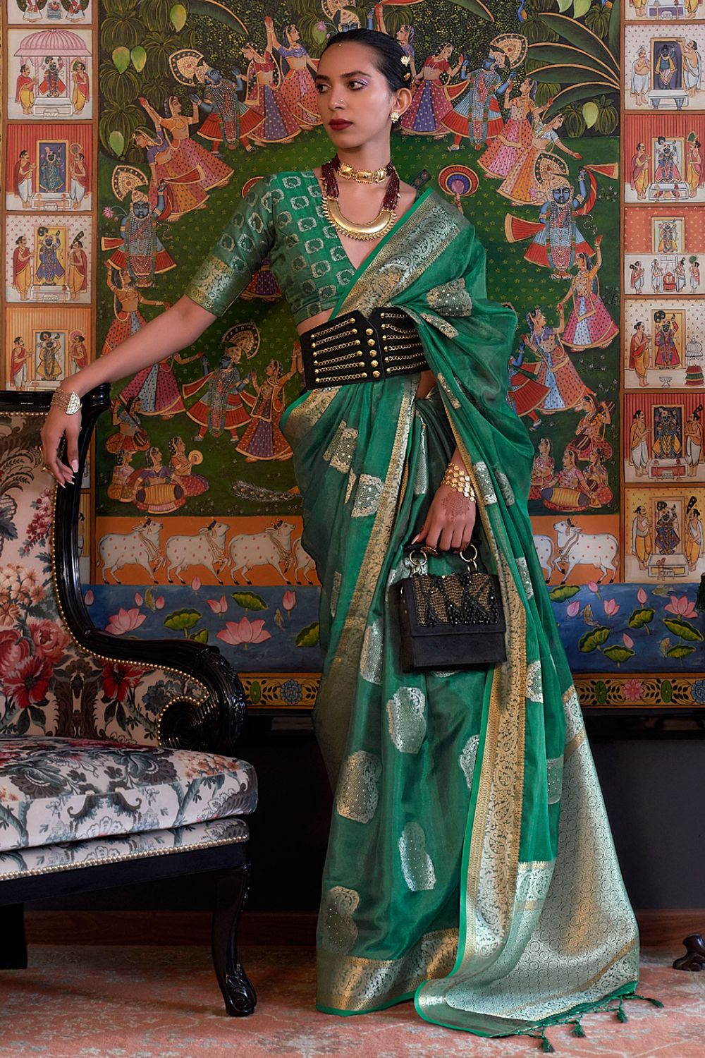 Emerald Green Handloom Weaving Organza Party Wear Saree