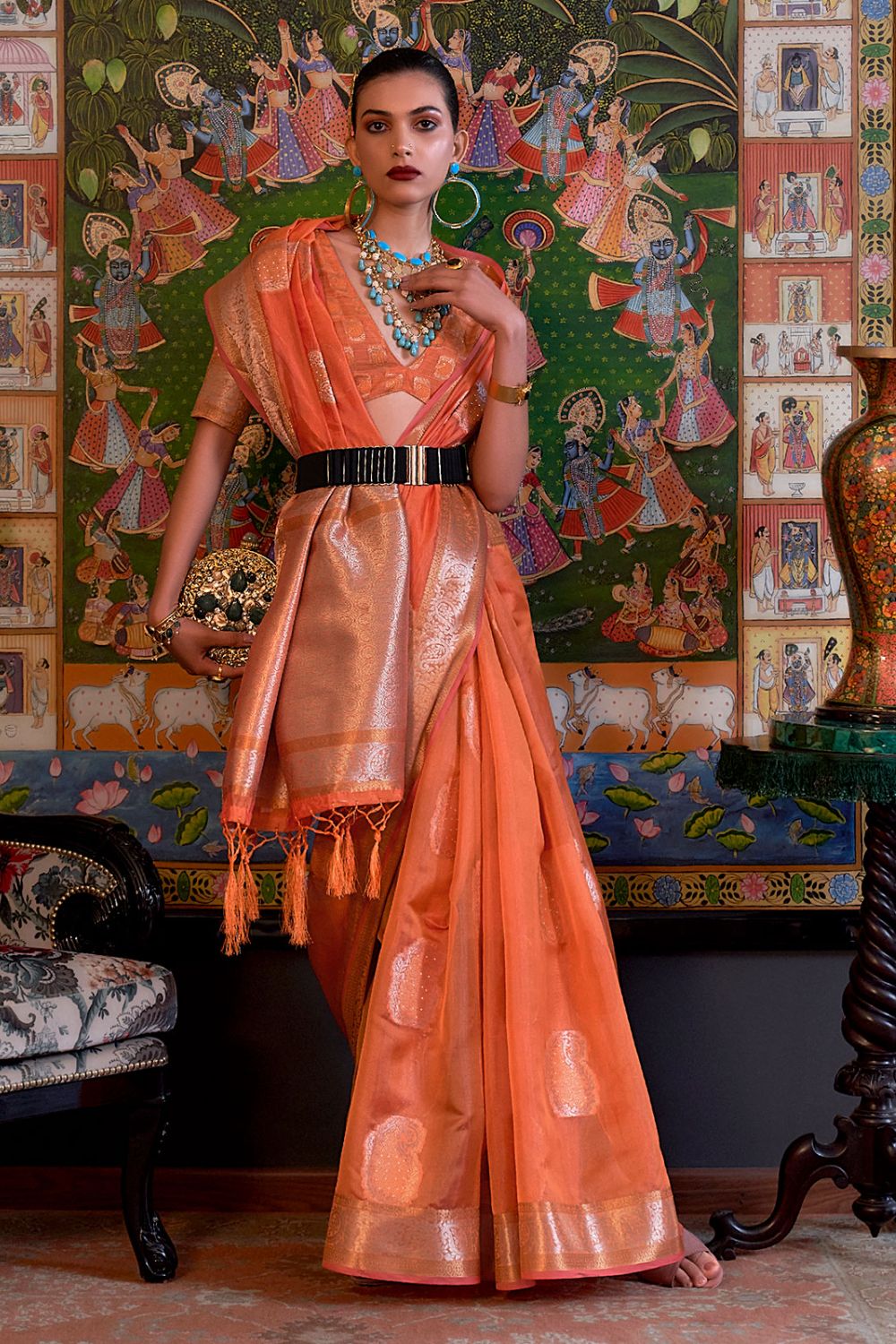 Orange Handloom Weaving Organza Party Wear Saree