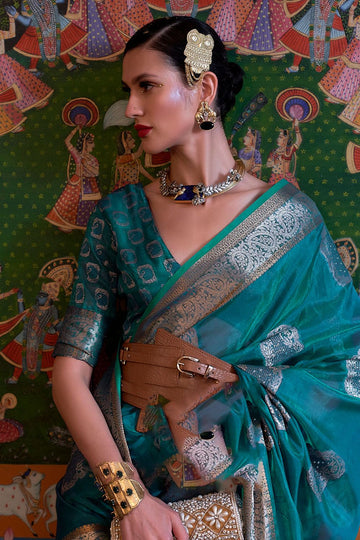 Teal Blue Handloom Weaving Organza Party Wear Saree