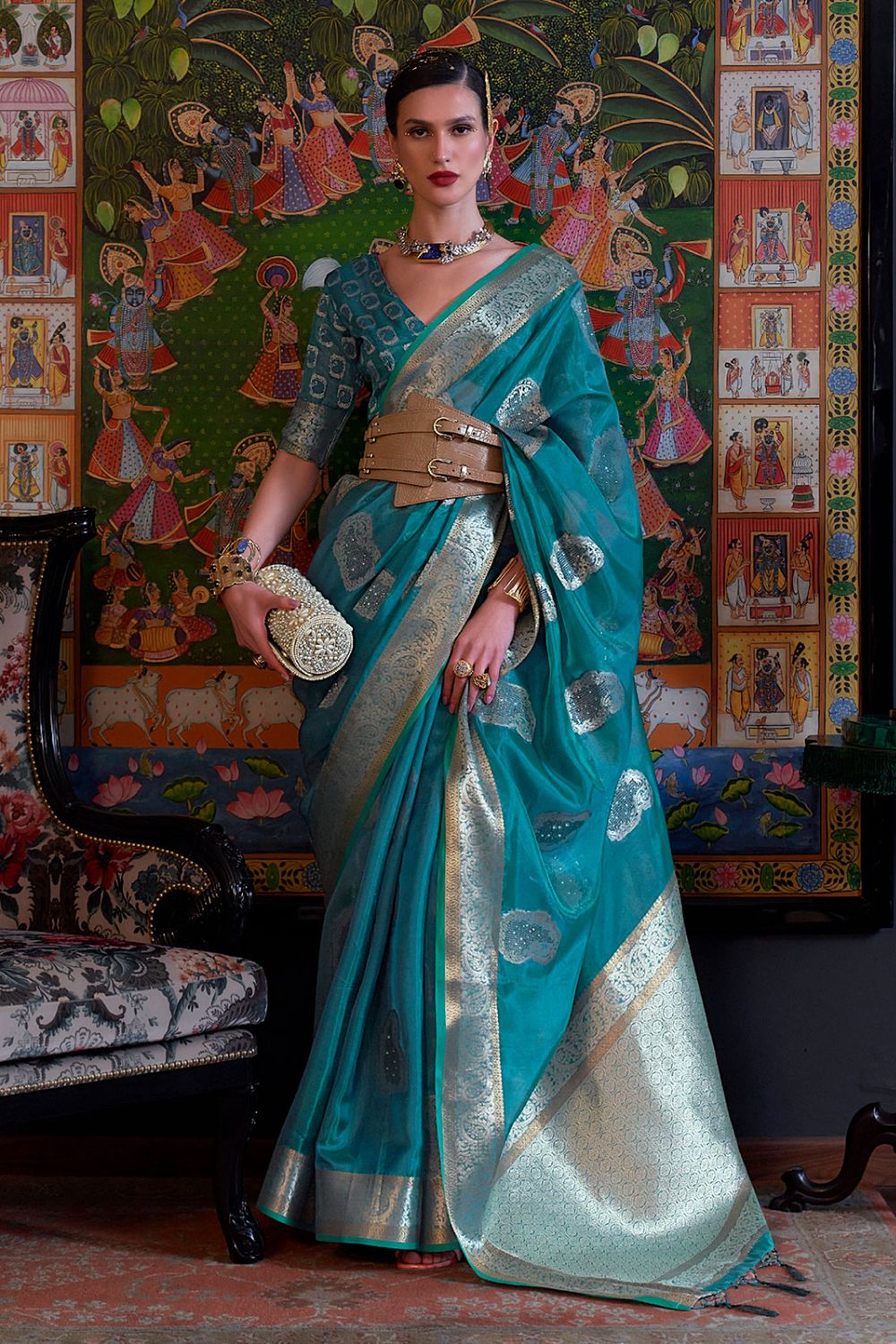 Teal Blue Handloom Weaving Organza Party Wear Saree