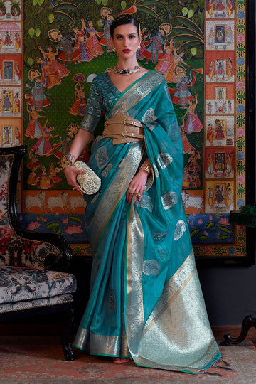 Teal Blue Handloom Weaving Organza Party Wear Saree