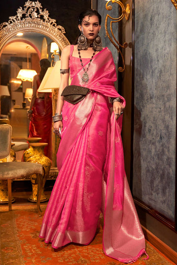 Rani Pink Handloom Weaving Organza Party Wear Saree