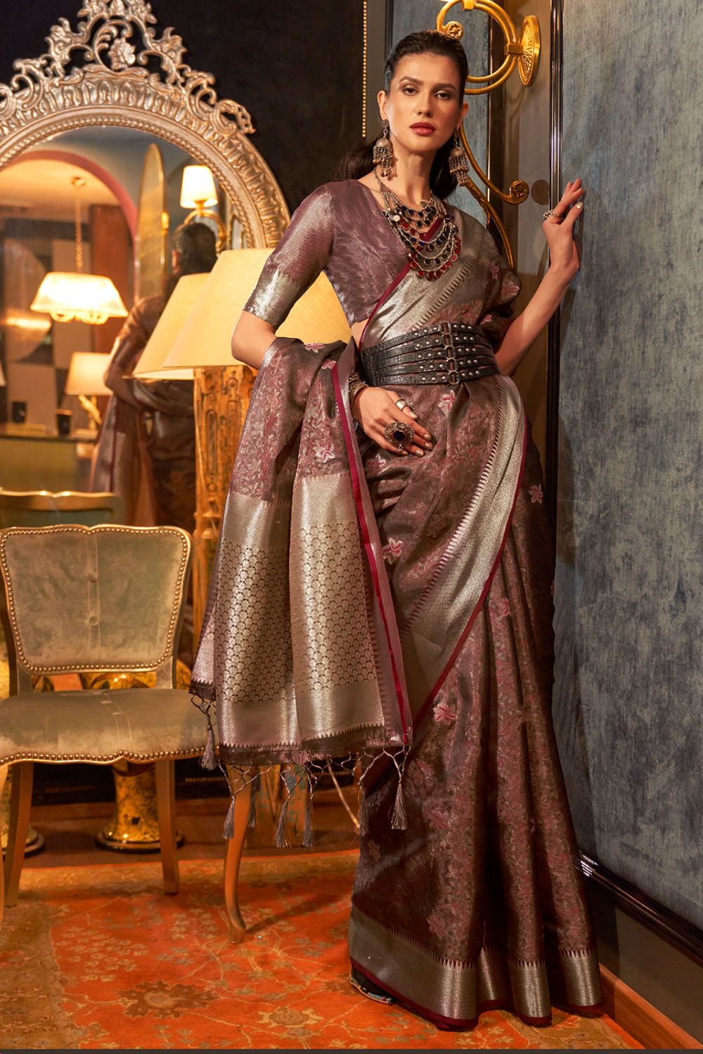 Coffee Brown Handloom Weaving Organza Party Wear Saree