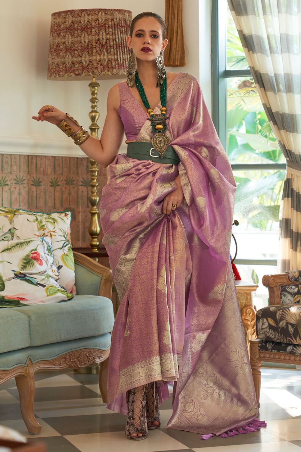 Kalki Koechlin Lilac Pink Satin Tissue Nylon Wedding Saree