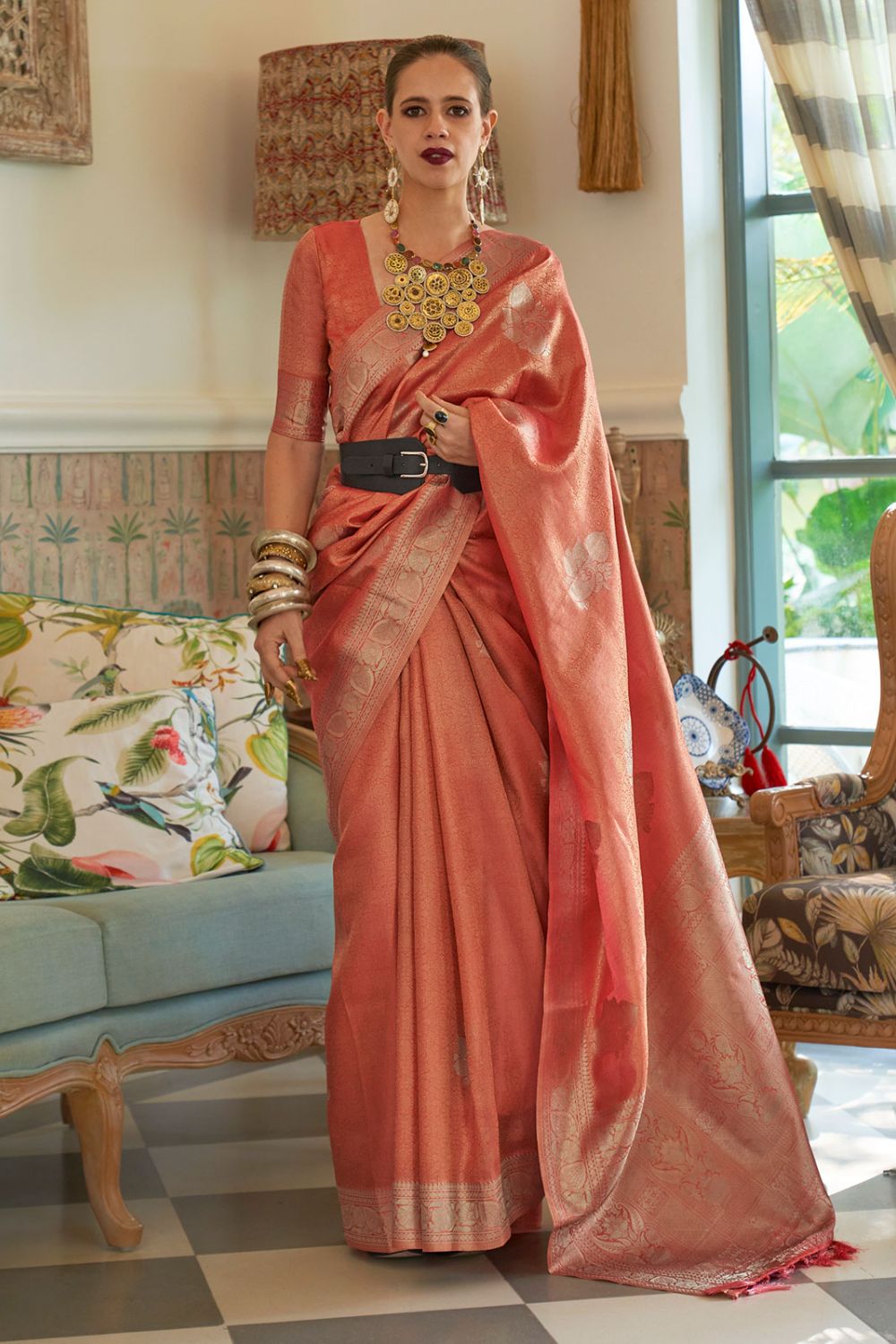 Kalki Koechlin Salmon Pink Satin Tissue Nylon Wedding Saree