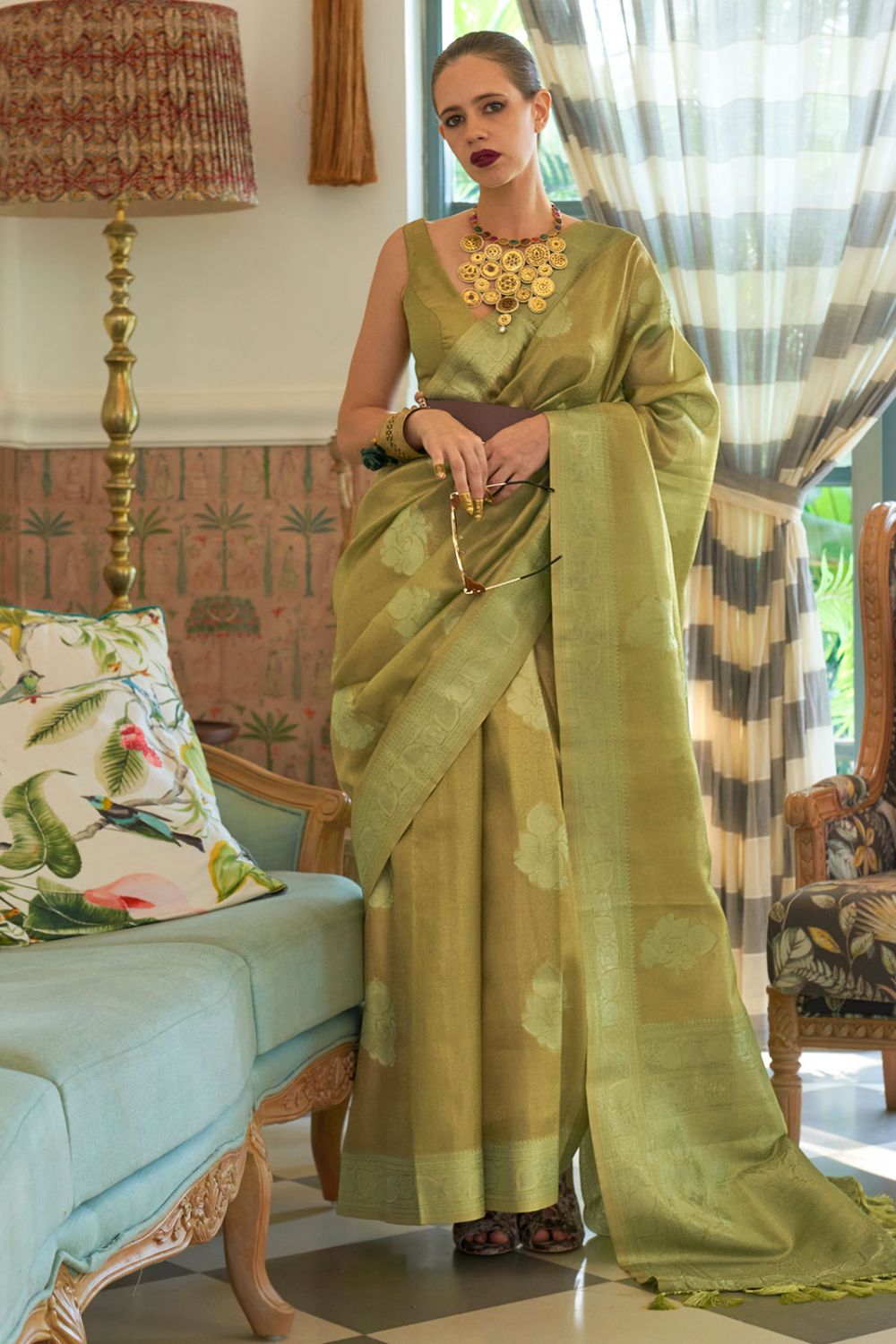 Kalki Koechlin Sage Green Satin Tissue Nylon Wedding Saree