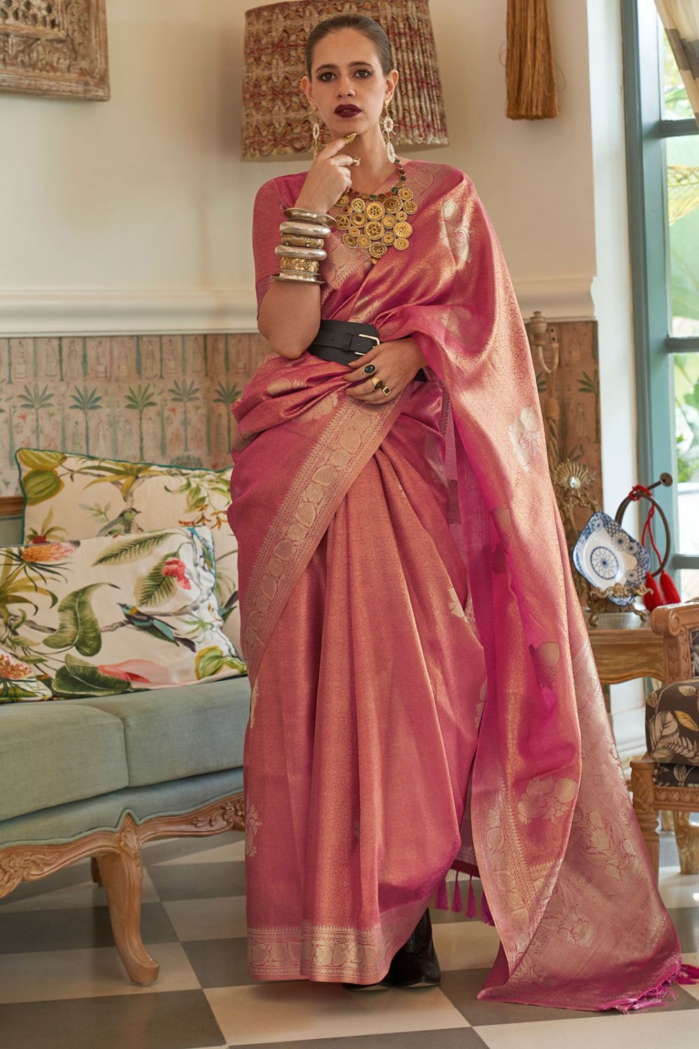 Kalki Koechlin Puce Pink Satin Tissue Nylon Wedding Saree