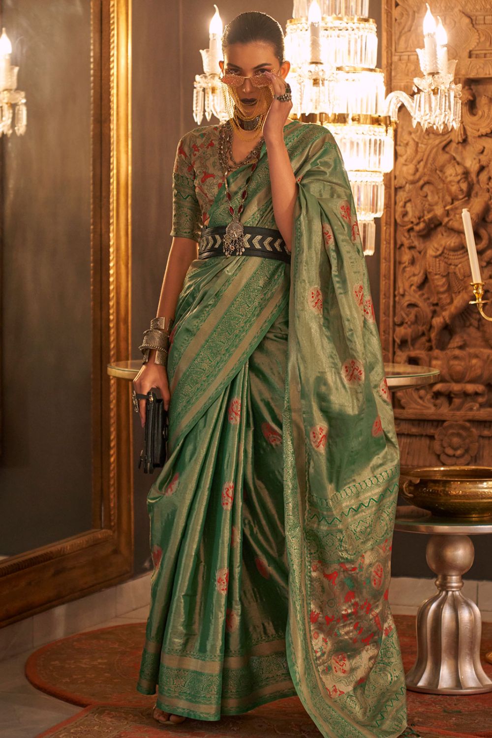 Rama Green Zari Woven Handloom Silk Saree for Wedding