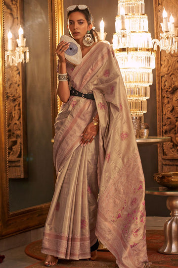 Beige Zari Woven Handloom Silk Saree for Wedding