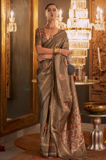 Dusty Grey Zari Woven Handloom Silk Saree for Wedding